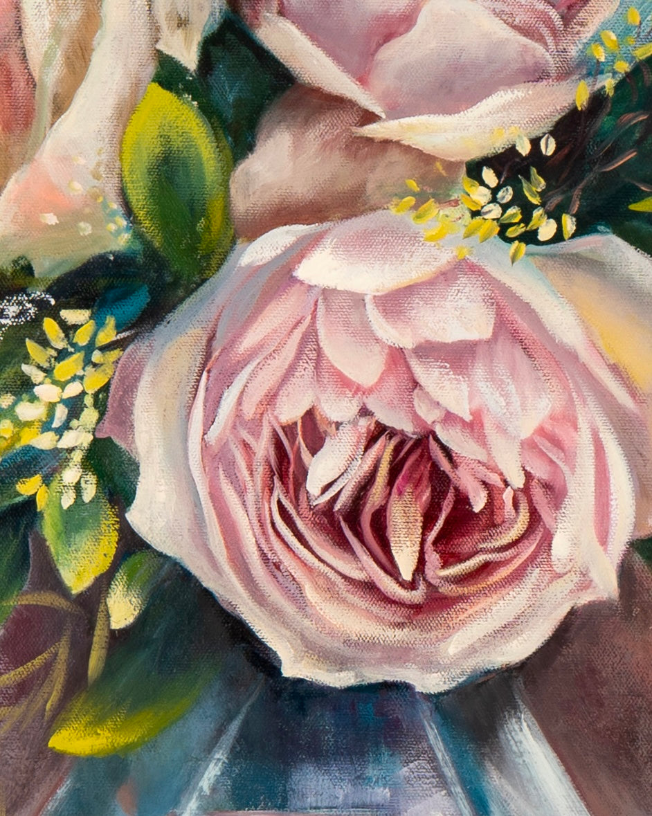 Close-up of an expressive abstract botanical painting showing the contrast between the loose green foliage, and soft pink petals.