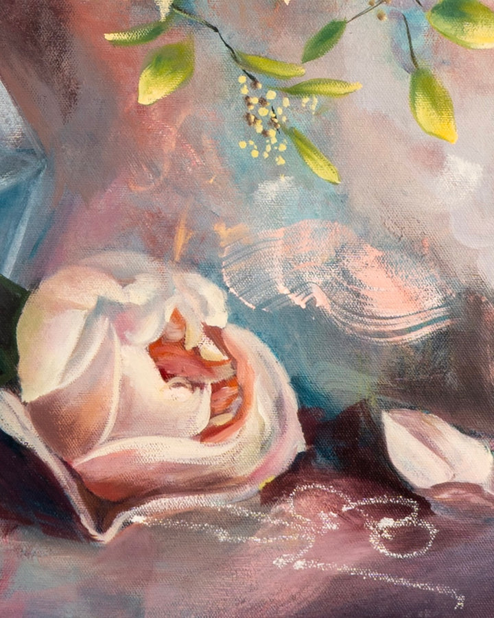 Close-up of an expressive abstract botanical painting showing the contrast between  abstract lines and loose, soft pink petals.