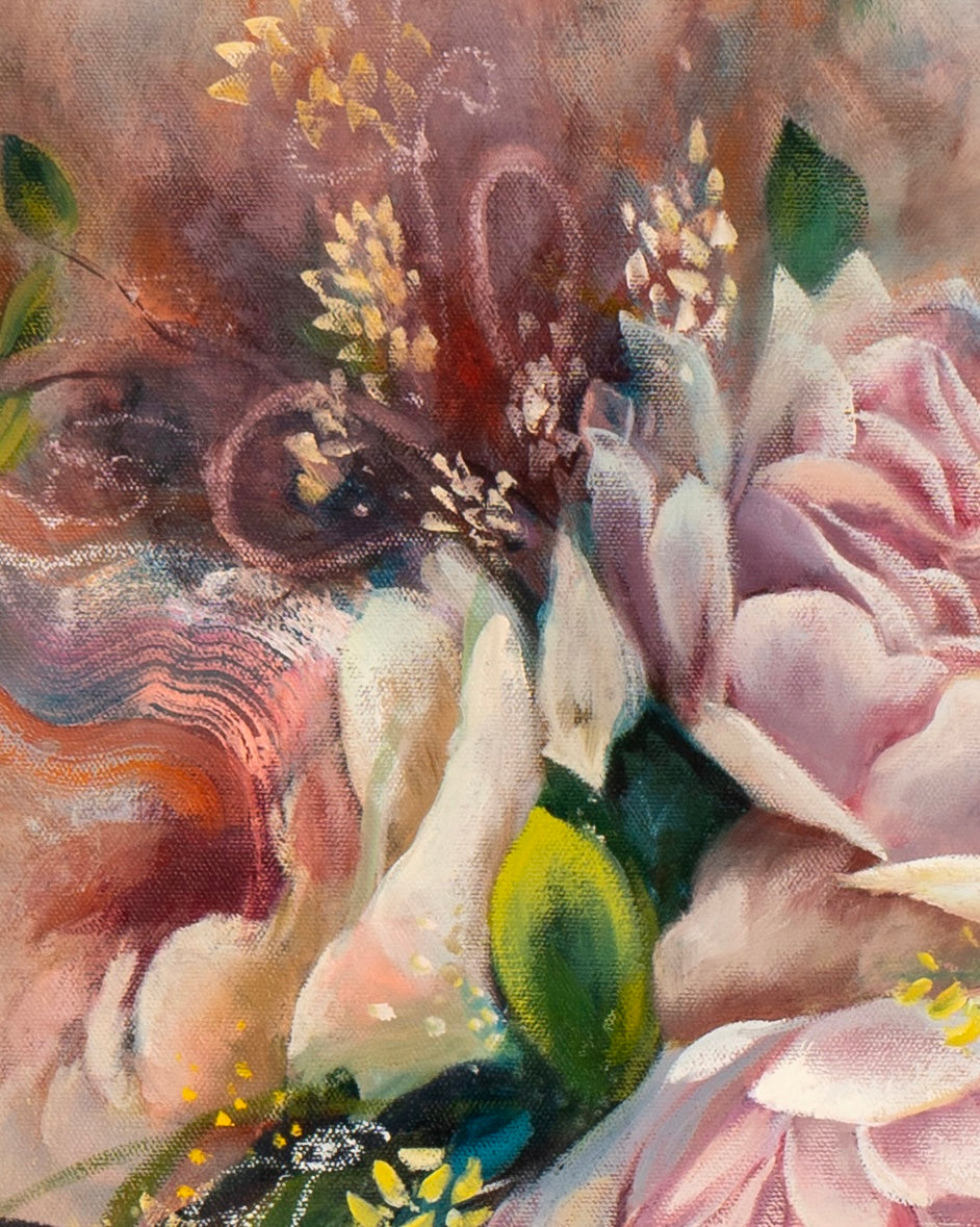 Close-up of an expressive abstract botanical painting showing the abstract lines and soft pink petals.