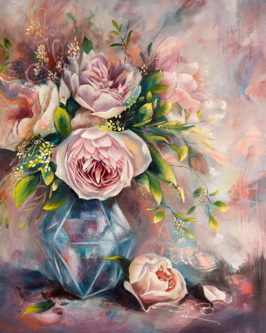 Original contemporary floral painting of soft blush pink blooms in a blue faceted glass vase, set against a dreamy, textured mauve and earth-toned background.