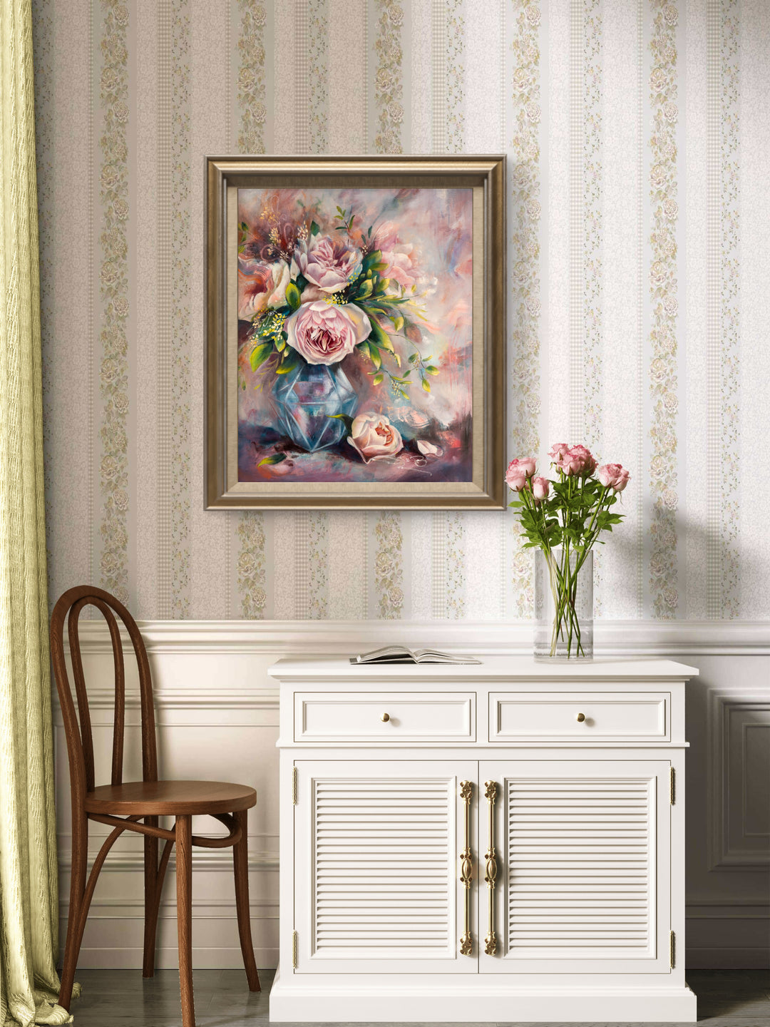 Large original romantic floral painting of pink flowers in a vase, framed and hanging on a wall in a calm, sanctuary-style modern home.