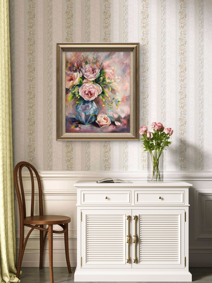 Large original romantic floral painting of pink flowers in a vase, framed and hanging on a wall in a calm, sanctuary-style modern home.