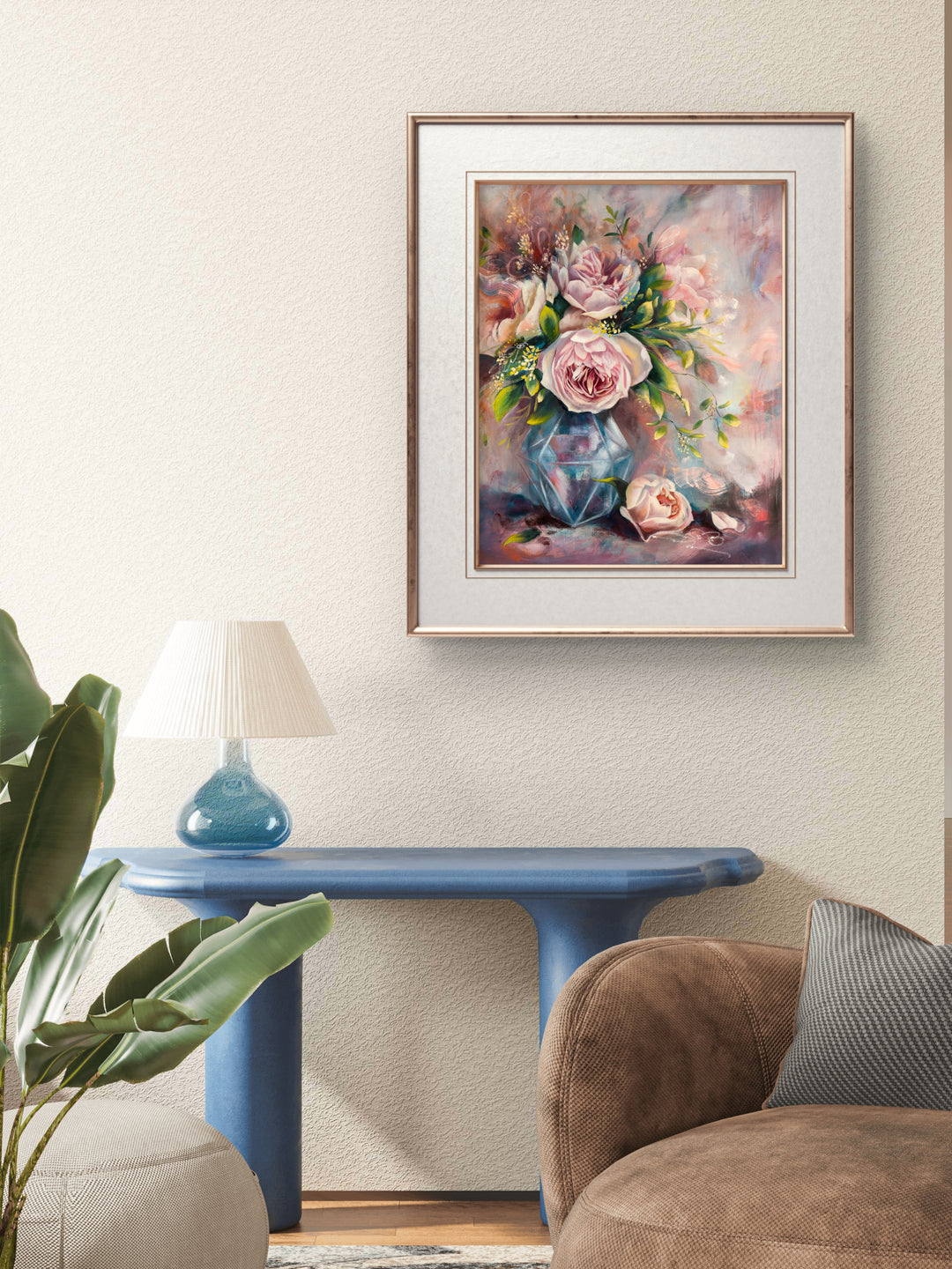 Large original romantic floral painting of pink flowers in a vase, framed and hanging on a wall in a calm, sanctuary-style modern home.