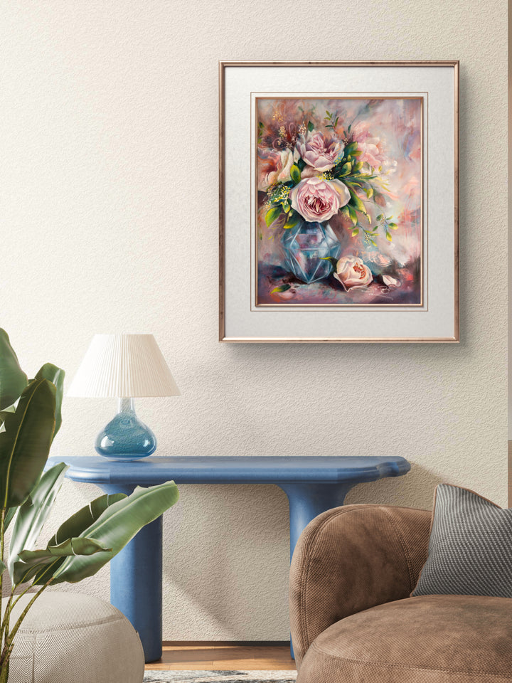 Large original romantic floral painting of pink flowers in a vase, framed and hanging on a wall in a calm, sanctuary-style modern home.