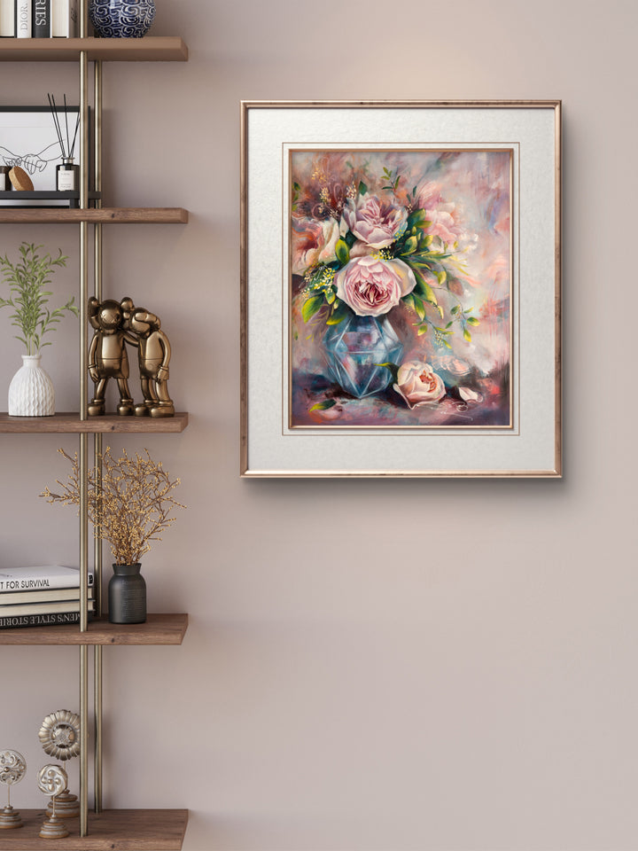 Large original romantic floral painting of pink flowers in a vase, framed and hanging on a wall in a calm, sanctuary-style modern home.