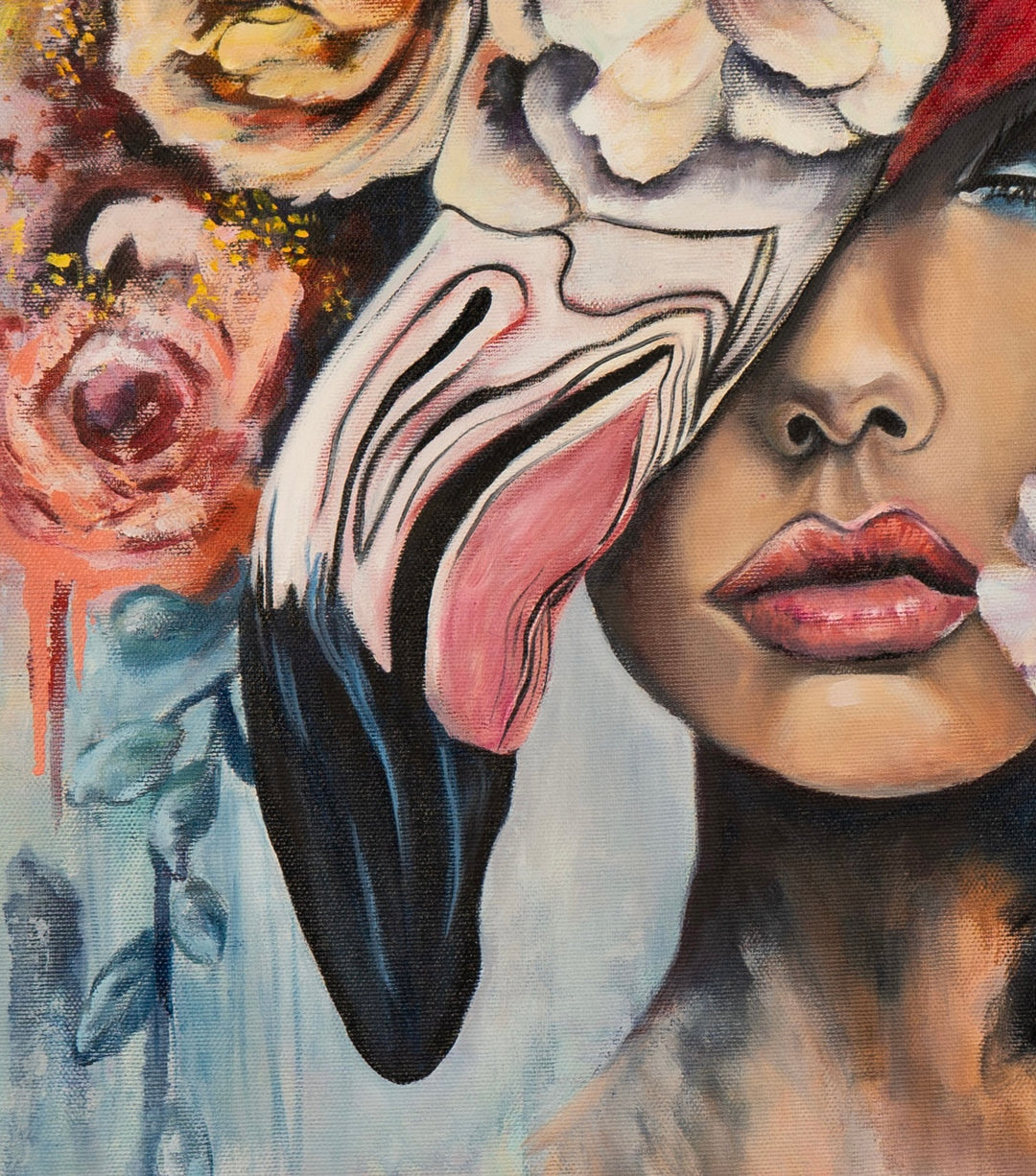 Close-up detail of 'Behind the Mask' by Tash Bardot, highlighting the sweeping graphic lines of the flamingo beak, and fluid, expressive pink brushstrokes.