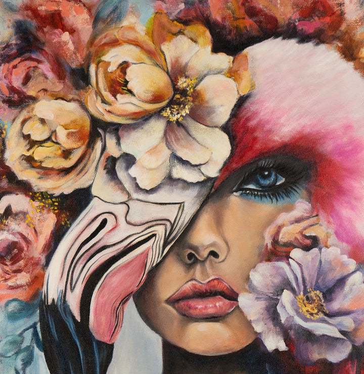 Close-up detail of 'Behind the Mask' by Tash Bardot, highlighting the subject's striking blue eye, the sweeping graphic lines of the flamingo beak, and fluid, expressive pink brushstrokes.