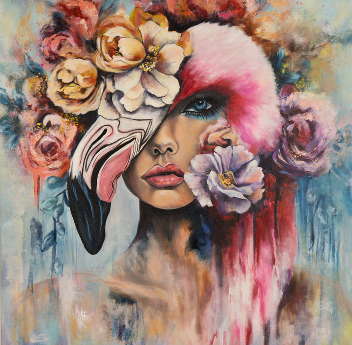 Tash Bardot's 'Behind the Mask' painting. An expressive portrait of a woman whose face is partially merged with the abstract beak of a pink flamingo, surrounded by vibrant, heavily textured flowers.