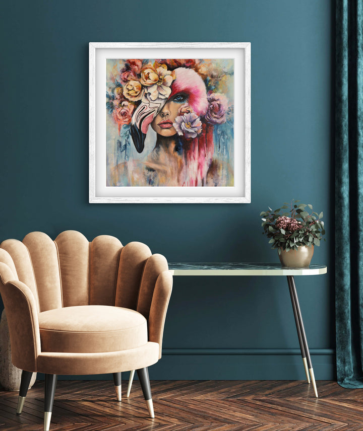 Expressive portrait wall art 'Behind the Mask' by Tash Bardot displayed in an elegant room interior. A dynamic, thought-provoking fine art print offering visual relief and a reminder to live authentically.