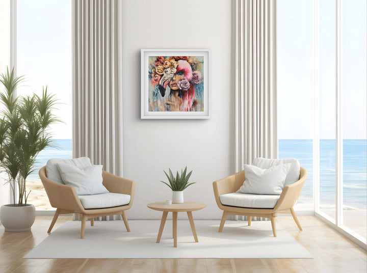 Expressive portrait wall art 'Behind the Mask' by Tash Bardot displayed in an elegant room interior. A dynamic, thought-provoking fine art print offering visual relief and a reminder to live authentically.