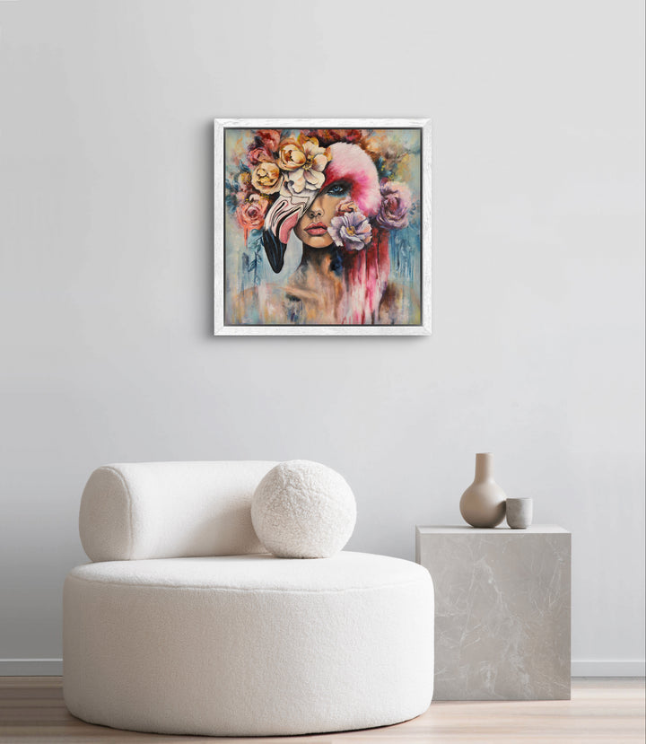 Expressive portrait wall art 'Behind the Mask' by Tash Bardot displayed in an elegant room interior. A dynamic, thought-provoking painting offering visual relief and a reminder to live authentically.