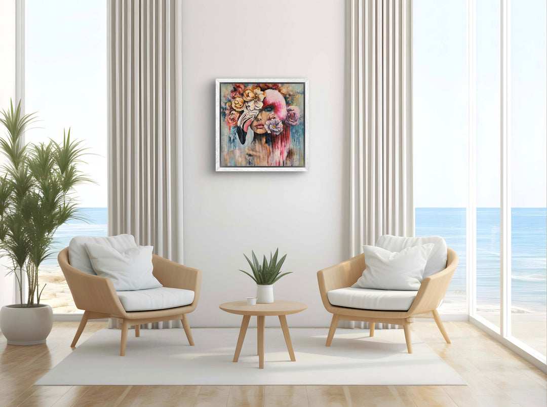 Expressive portrait wall art 'Behind the Mask' by Tash Bardot displayed in an elegant room interior. A dynamic, thought-provoking painting offering visual relief and a reminder to live authentically.