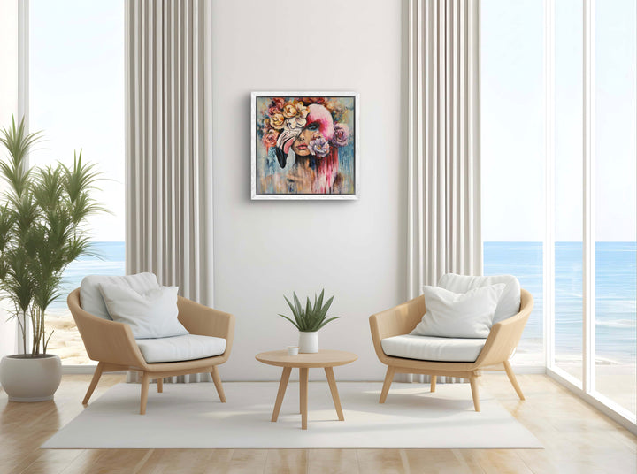 Expressive portrait wall art 'Behind the Mask' by Tash Bardot displayed in an elegant room interior. A dynamic, thought-provoking painting offering visual relief and a reminder to live authentically.