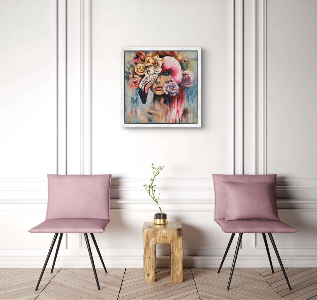 Expressive portrait wall art 'Behind the Mask' by Tash Bardot displayed in an elegant room interior. A dynamic, thought-provoking painting offering visual relief and a reminder to live authentically.