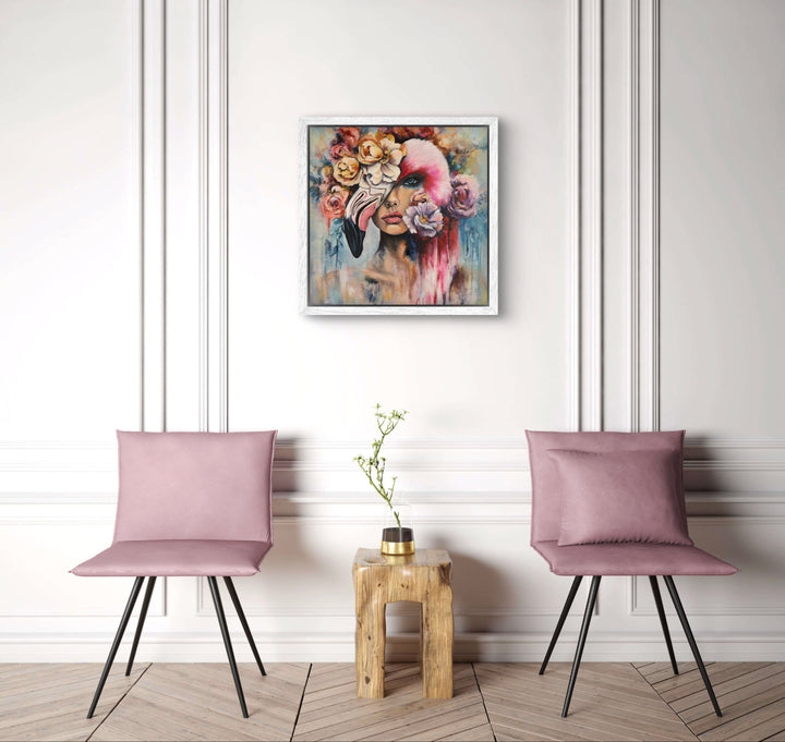 Expressive portrait wall art 'Behind the Mask' by Tash Bardot displayed in an elegant room interior. A dynamic, thought-provoking painting offering visual relief and a reminder to live authentically.