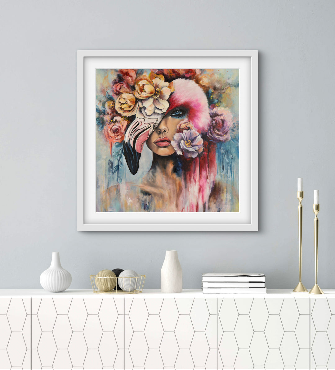 Expressive portrait wall art 'Behind the Mask' by Tash Bardot displayed in an elegant room interior. A dynamic, thought-provoking fine art print offering visual relief and a reminder to live authentically.