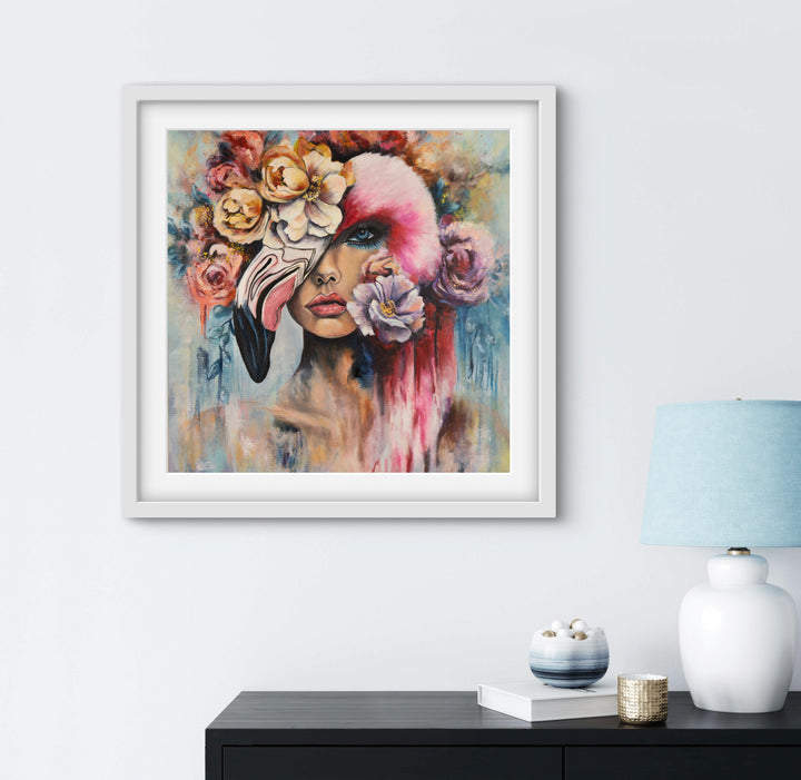 Expressive portrait wall art 'Behind the Mask' by Tash Bardot displayed in above a contemporary sideboard. A dynamic, thought-provoking fine art print offering visual relief and a reminder to live authentically.