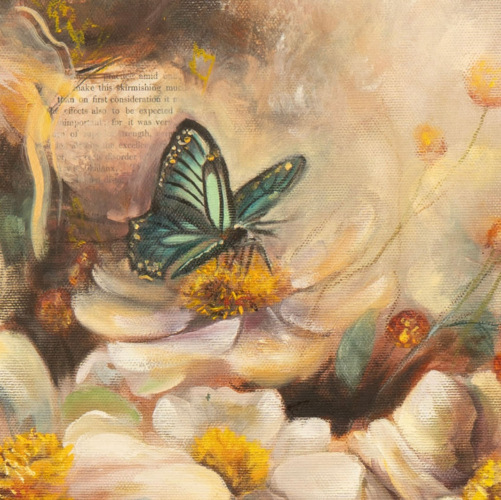 Close-up detail of 'Beneath the Surface' by Tash Bardot, highlighting a vibrant teal butterfly resting on expressive white florals, surrounded by fluid, earth-toned paint.