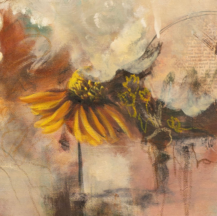 Detail shot of Tash Bardot's 'Beneath the Surface,' focusing on the dynamic, layered brushstrokes, muted floral textures, and faint painted script woven directly into the canvas.