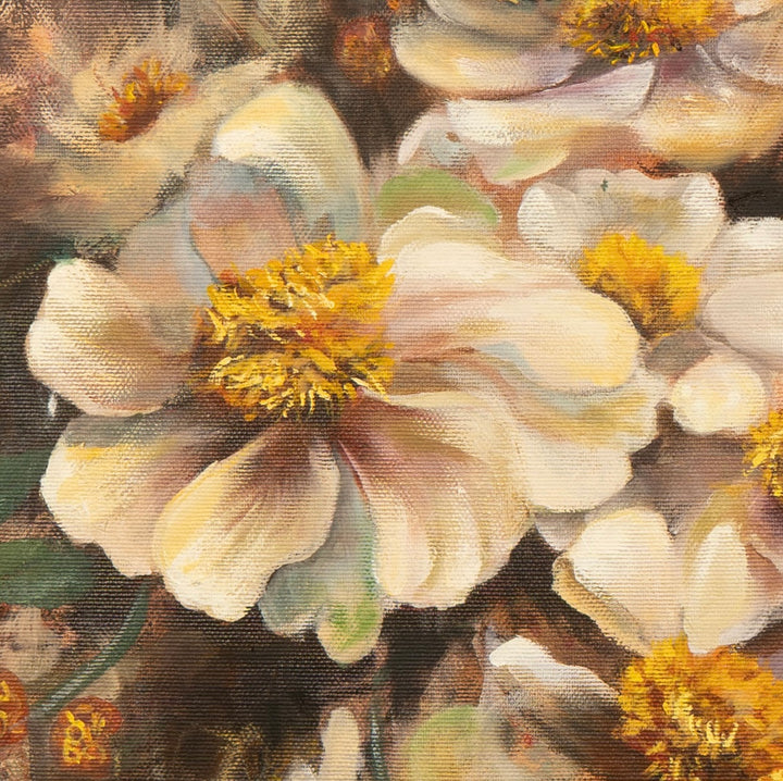 Close-up detail of 'Beneath the Surface' by Tash Bardot, focusing on the expressive white flower with a richly textured golden-yellow centre, surrounded by soft earth tones.
