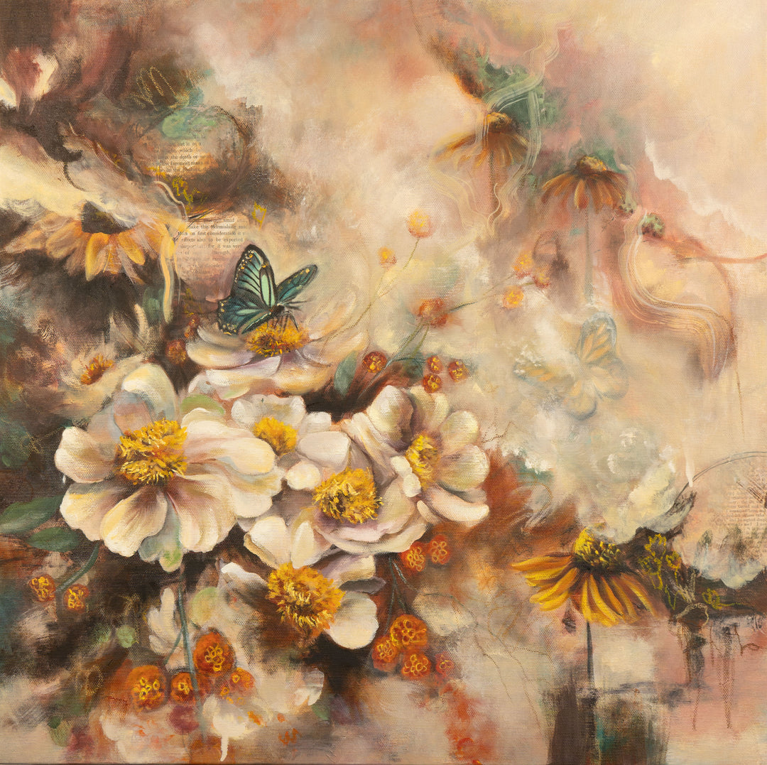 Tash Bardot's 'Beneath the Surface' painting. A layered, expressive artwork featuring textured white and yellow flowers, faint background script, and a vibrant teal butterfly set against soft earth tones and deep shadows.