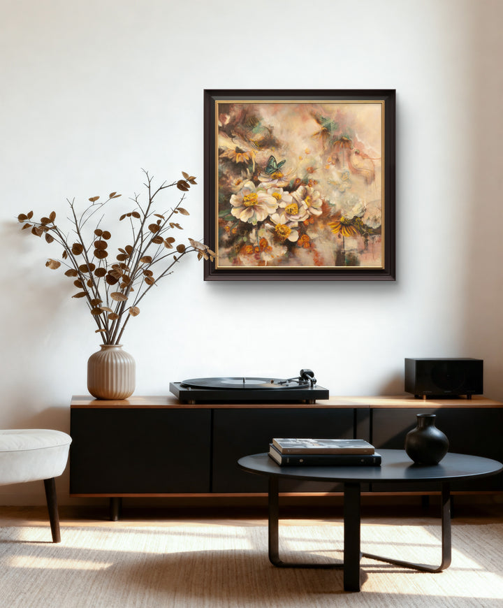 Ethereal floral wall art 'Beneath the Surface' by Tash Bardot displayed in a calming room interior. A layered, intuitive painting offering visual relief and a quiet, mindful sanctuary.