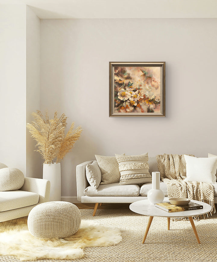 Ethereal floral wall art 'Beneath the Surface' by Tash Bardot displayed in a calming room interior. A layered, intuitive painting offering visual relief and a quiet, mindful sanctuary.