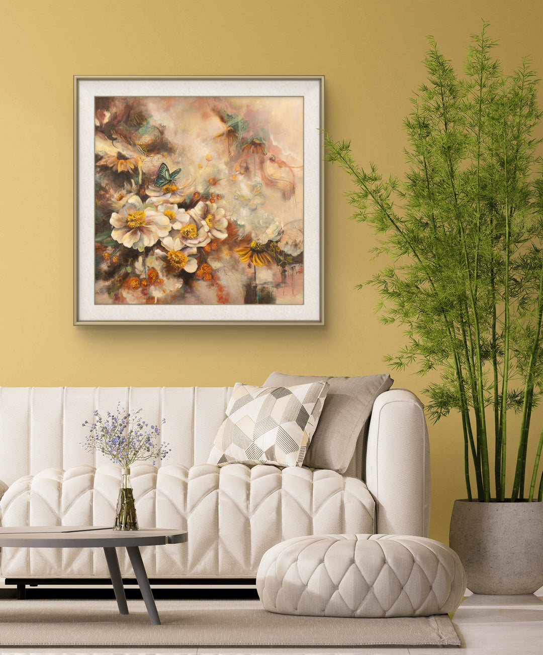 Ethereal floral wall art 'Beneath the Surface' by Tash Bardot displayed in a calming room interior. A layered, intuitive painting offering visual relief and a quiet, mindful sanctuary.