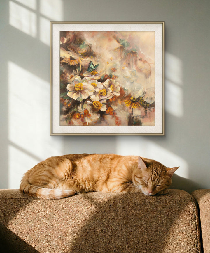Ethereal floral wall art 'Beneath the Surface' by Tash Bardot displayed in a calming room interior. A layered, intuitive painting offering visual relief and a quiet, mindful sanctuary.