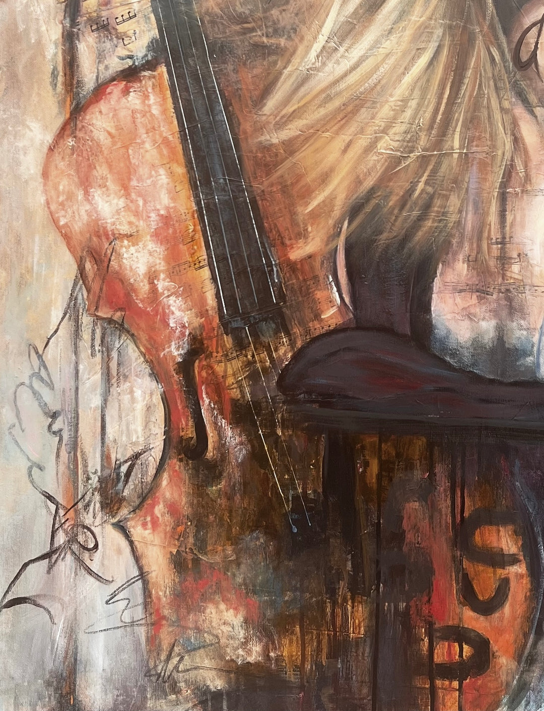 Detail shot of Tash Bardot's 'Beyond the Notes,' focusing on the rich, warm wood tones of the cello and the subtle musical script woven into the background.