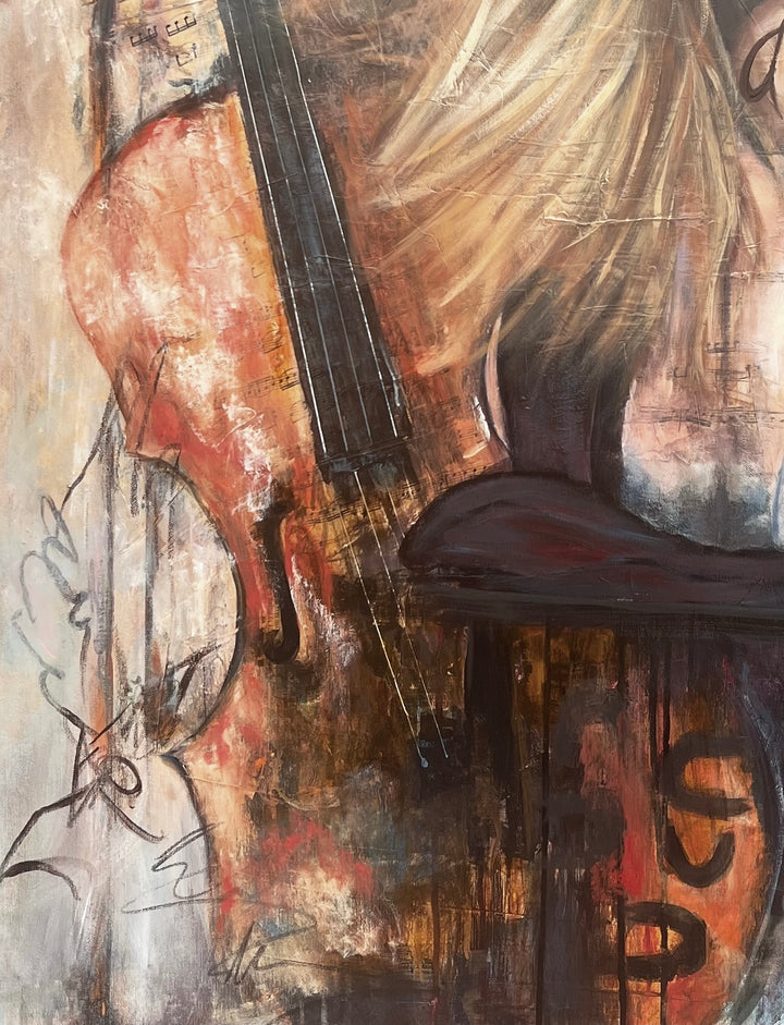Detail shot of Tash Bardot's 'Beyond the Notes,' focusing on the rich, warm wood tones of the cello and the subtle musical script woven into the background.