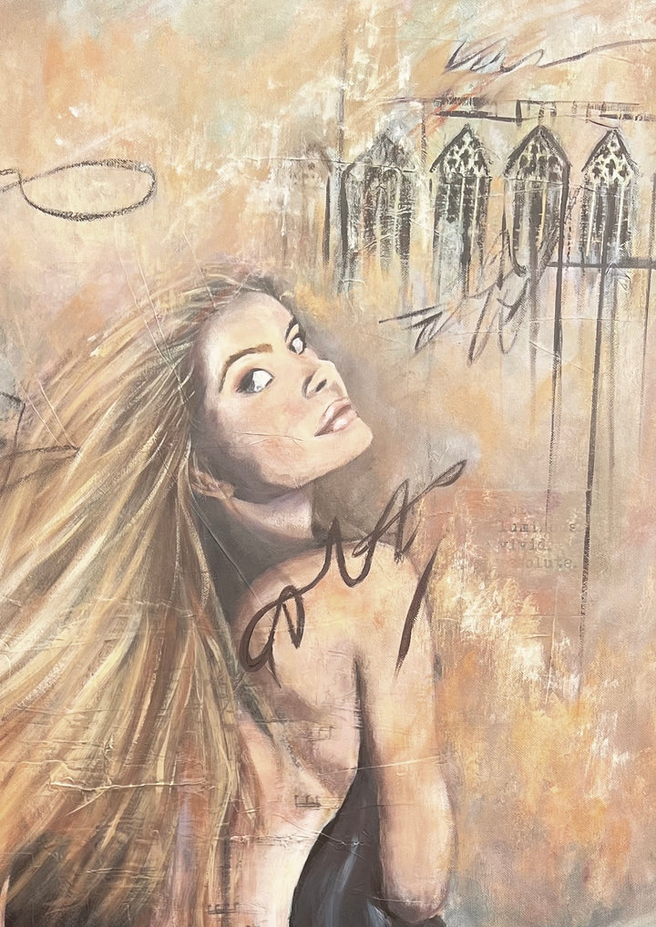 Close-up detail of 'Beyond the Notes' by Tash Bardot, highlighting the woman's soft, reflective gaze and the sweeping movement of her hair.