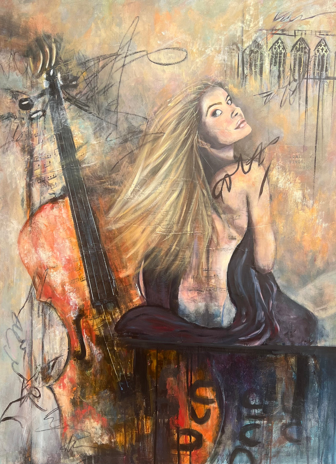 Tash Bardot's 'Beyond the Notes' painting. An intimate portrait in neutral and golden tones of a woman looking over her bare shoulder, set beside a beautifully textured cello.