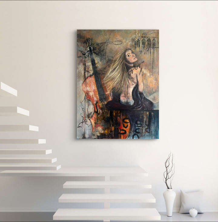 Soulful, intimate portrait 'Beyond the Notes' by Tash Bardot displayed as a feature on a contemporary staircase, acting as a visual anchor of peace.