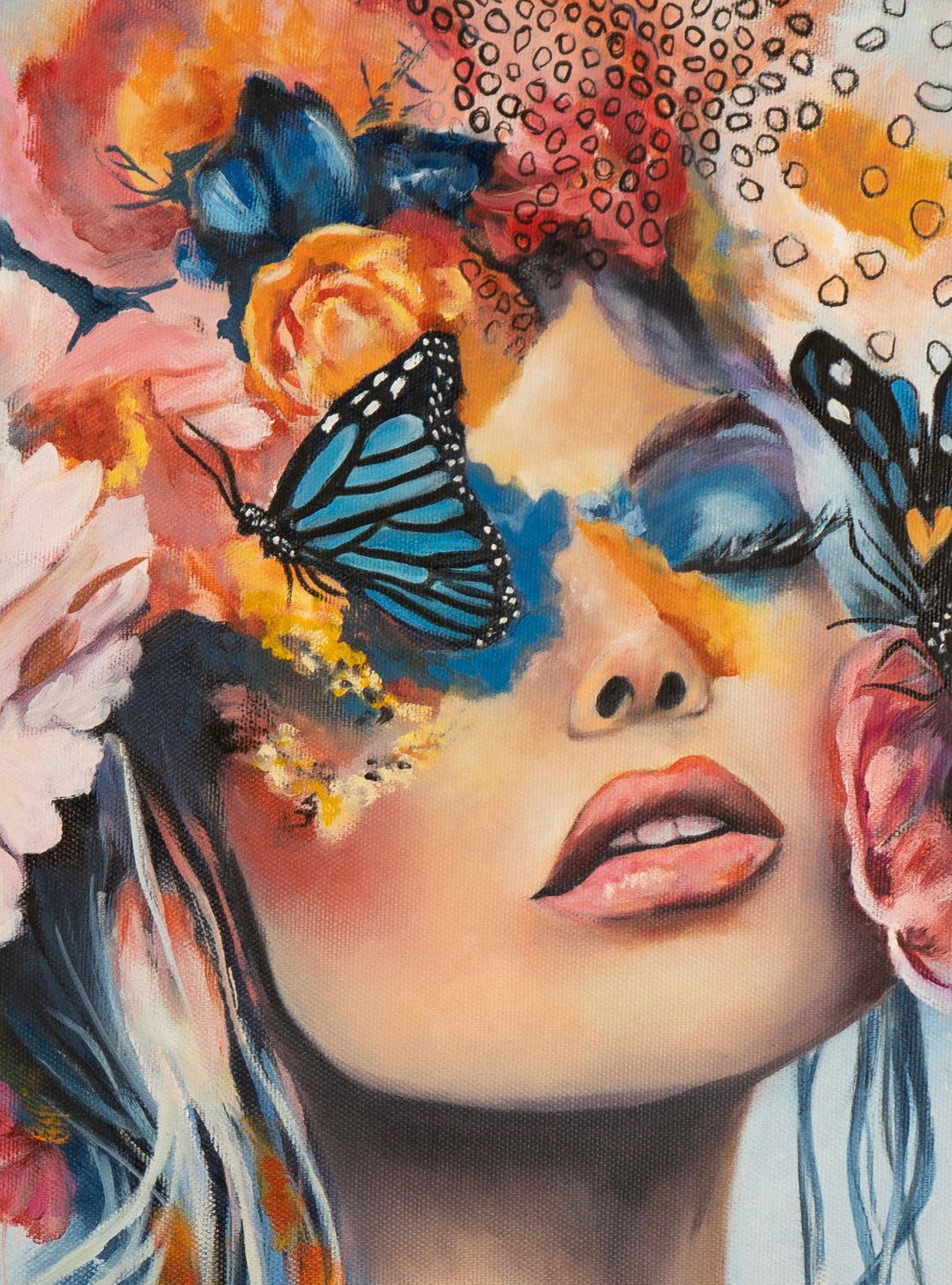Macro detail of 'Butterfly Dreams' by Tash Bardot, highlighting the raw, expressive texture of  delicate butterflies resting on a woman.