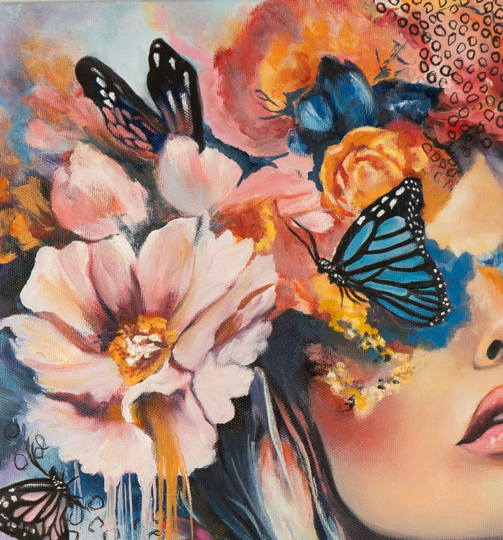 Macro detail of 'Butterfly Dreams' by Tash Bardot, highlighting the raw, expressive texture of  delicate butterflies resting on a woman.