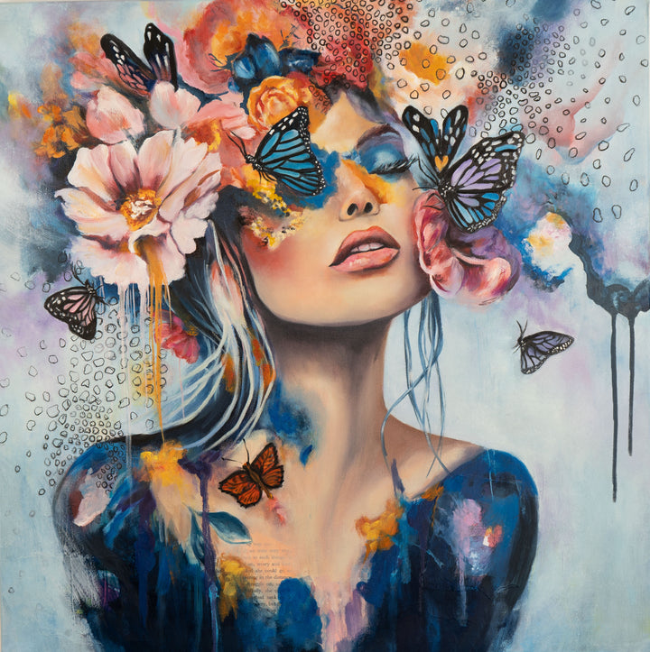 Original intuitive fine art painting of a woman with butterflies, featuring raw canvas texture, visible brushstrokes, and blue and orange.