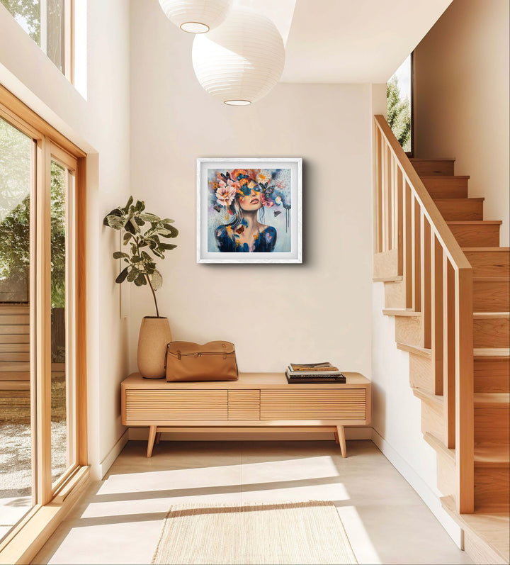 The 'Butterfly Dreams' art print by Tash Bardot hung in a beautiful hallway setting. A dreamlike, expressive painting that brings a quiet rebellion and visual relief to modern spaces.
