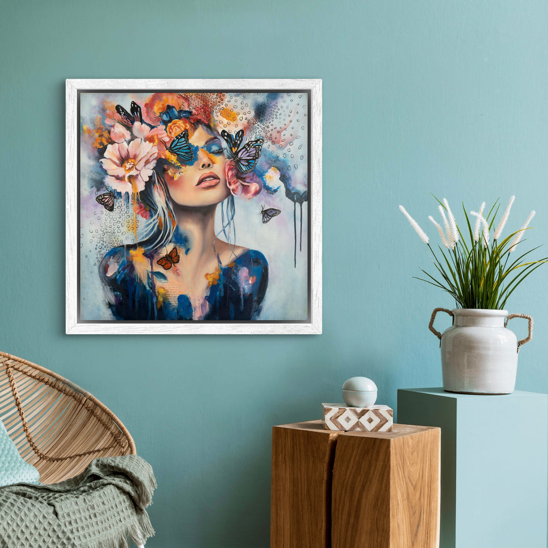 The 'Butterfly Dreams' by Tash Bardot hung in a serene bedroom setting. A dreamlike, expressive painting that brings a quiet rebellion and visual relief to modern spaces.