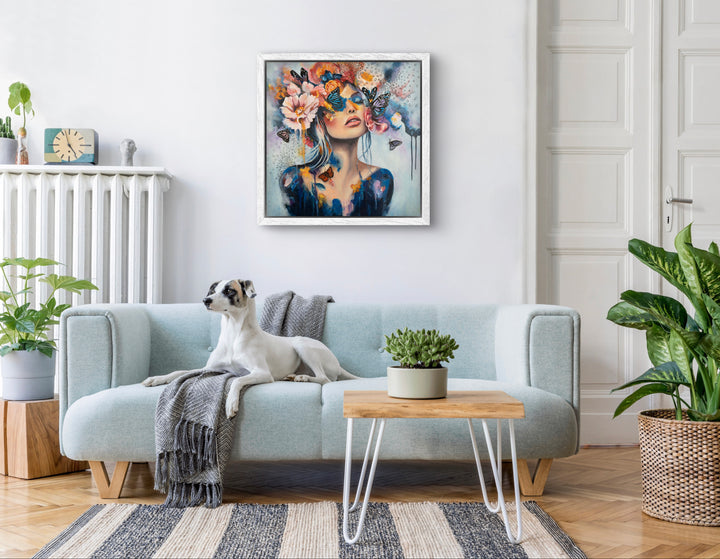The 'Butterfly Dreams' by Tash Bardot hung in a serene bedroom setting. A dreamlike, expressive painting that brings a quiet rebellion and visual relief to modern spaces.
