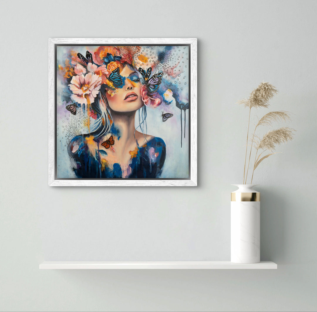 The 'Butterfly Dreams' by Tash Bardot hung in a serene bedroom setting. A dreamlike, expressive painting that brings a quiet rebellion and visual relief to modern spaces.