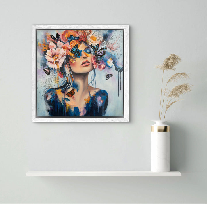 The 'Butterfly Dreams' by Tash Bardot hung in a serene bedroom setting. A dreamlike, expressive painting that brings a quiet rebellion and visual relief to modern spaces.