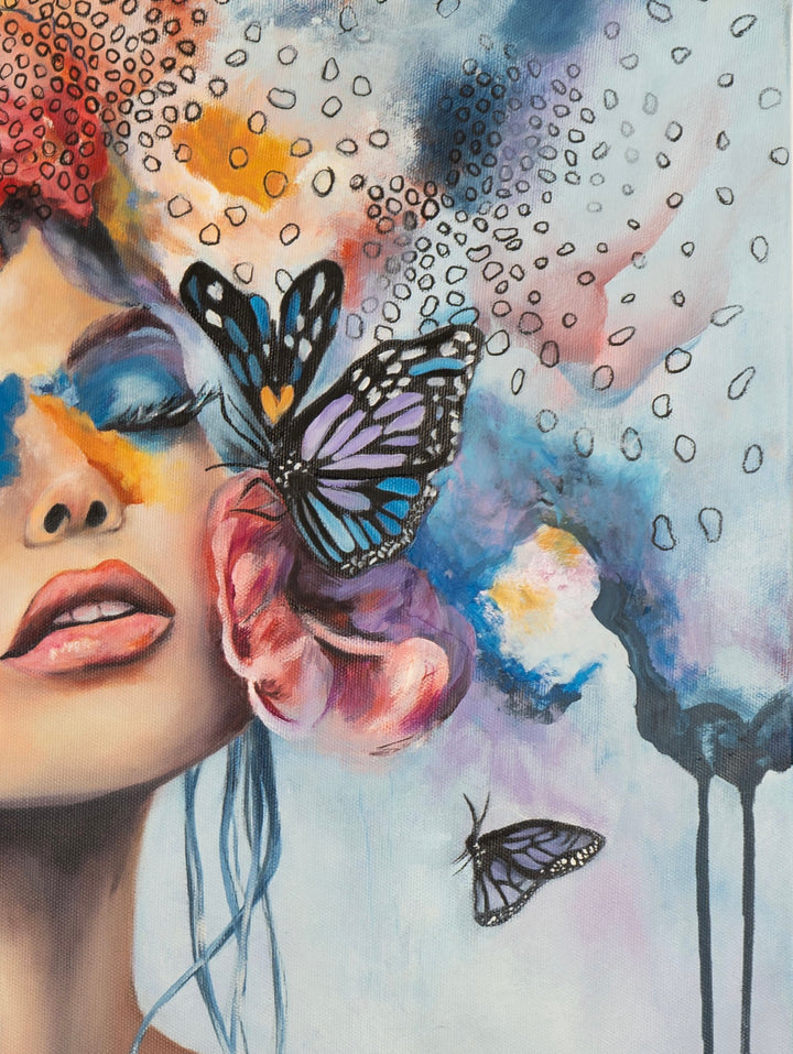 Macro detail of 'Butterfly Dreams' by Tash Bardot, highlighting the raw, expressive texture of  delicate butterflies resting on a woman.
