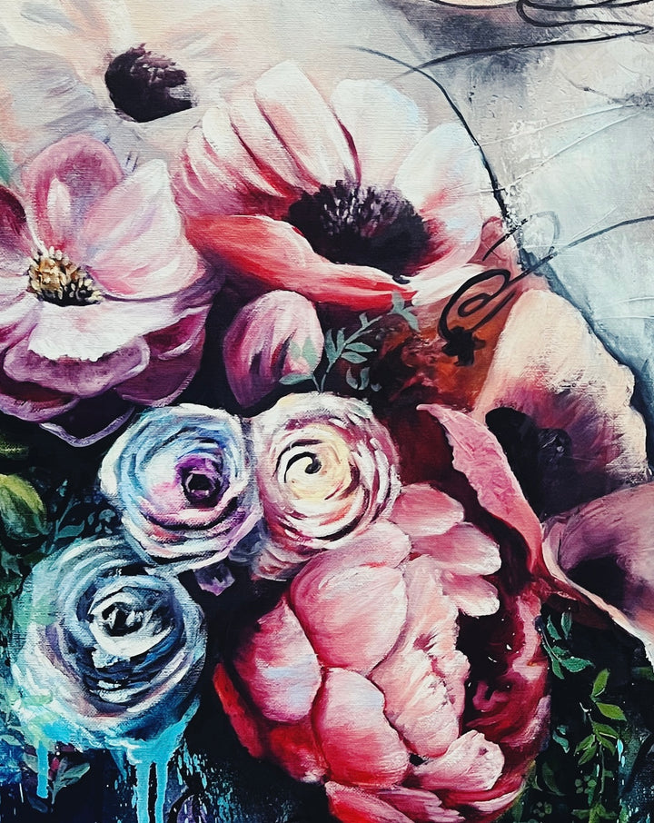 Detail shot of Tash Bardot's 'Dreamy Escapes,' focusing on the lush pink flowers and intuitive black swirling lines.