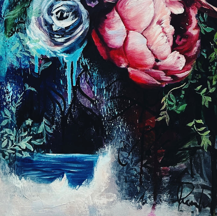 Close-up detail of 'Dreamy Escapes' by Tash Bardot, highlighting the fluid, bright blue portal resembling a hidden waterfall beneath the florals.