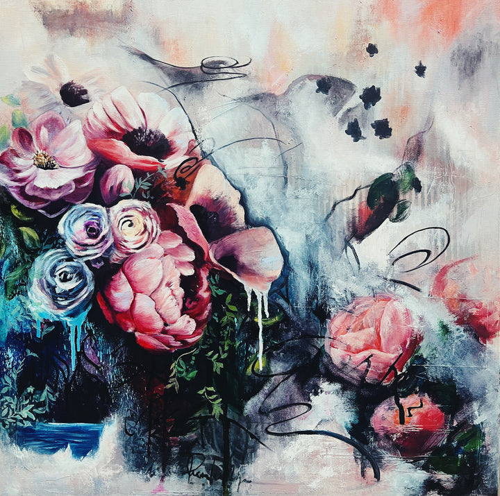 Tash Bardot's 'Dreamy Escapes' painting. Large pink flowers blooming above a dark shadow that opens into a vibrant blue, cascading waterfall portal.