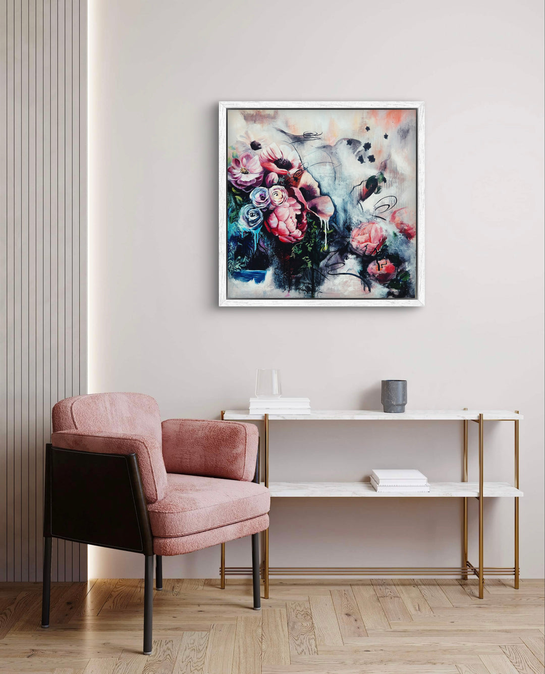 Romantic floral painting 'Dreamy Escapes' by Tash Bardot styled above a contemporary hallway space, creating a serene sanctuary space.