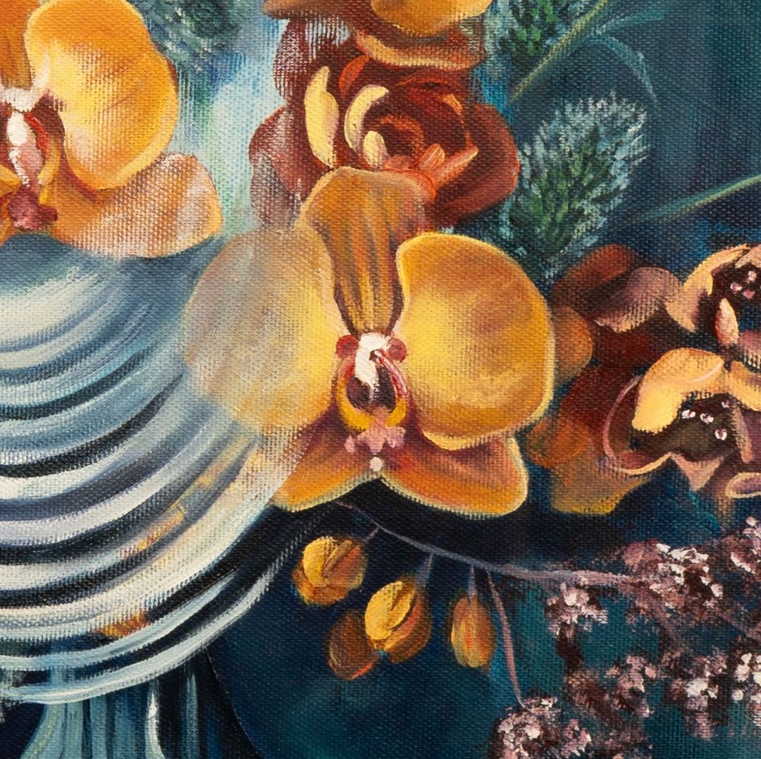 Close-up detail of 'Fleeting Moments' by Tash Bardot, highlighting the expressive, fluid brushstrokes of the vibrant orange orchids intersecting with dynamic, sweeping white lines.