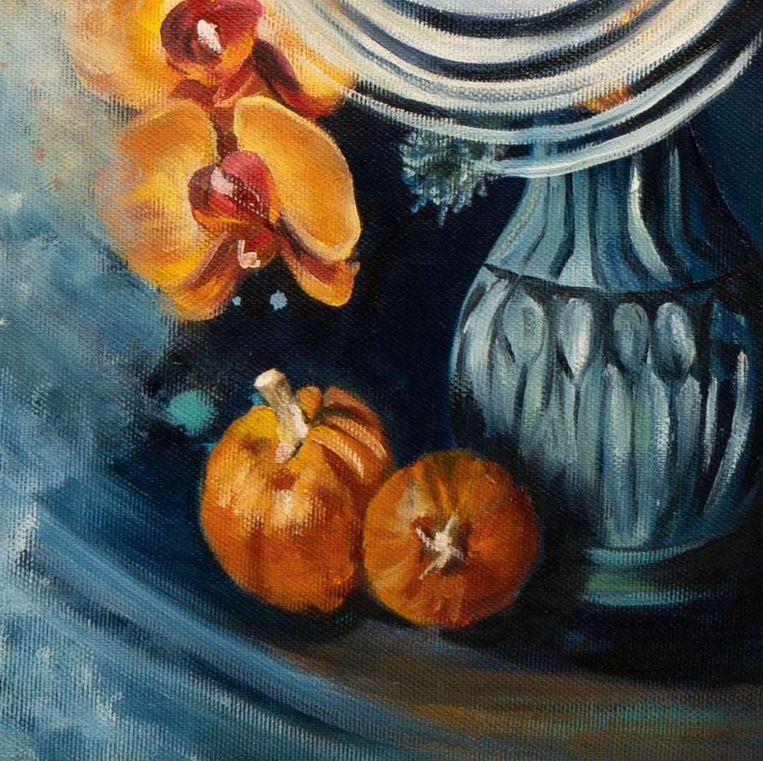 Detail shot of Tash Bardot's 'Fleeting Moments,' focusing on the textured blue vase, delicate pink florals, and two small orange pumpkins grounded in rich, deep shadows.