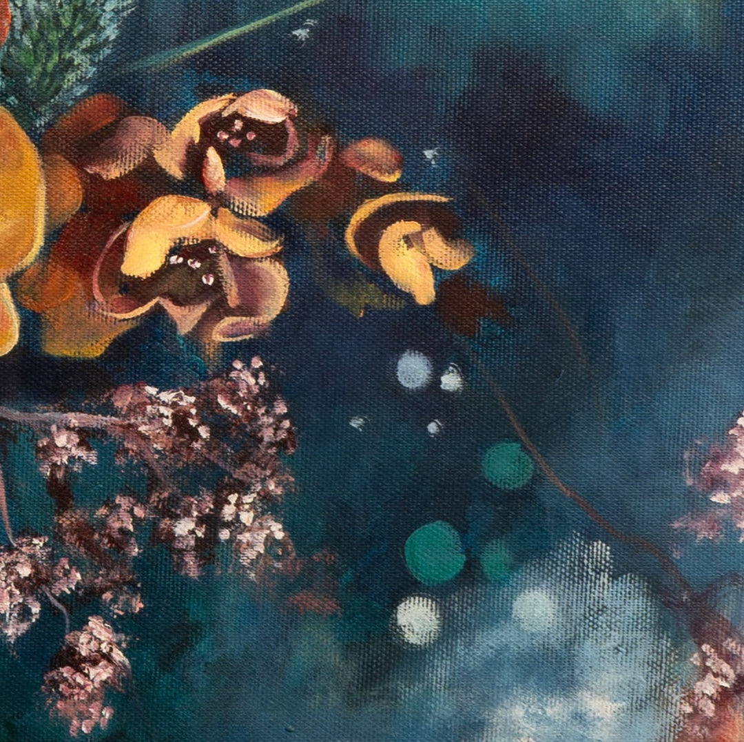 Close-up detail of 'Fleeting Moments' by Tash Bardot, focusing on the vibrant orange orchids. Highlighting the rich texture of the luminous petals against a backdrop of deep blue and moody shadows.